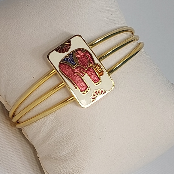 Enamel Elephant Triple Wire Gold Tone Open Cuff Bracelet - Picture 4 of 7